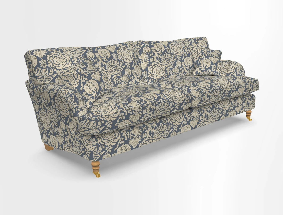 Alwinton 3 seater sofa in Ettas Stripe Moss with bolster cushion in Almost Plain Velvet Harvest