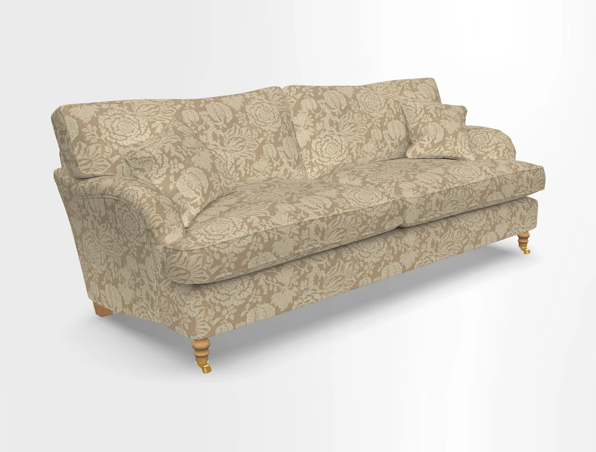 Alwinton 3 seater sofa in Ettas Stripe Moss with bolster cushion in Almost Plain Velvet Harvest