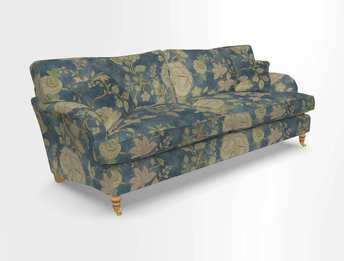 Alwinton 3 seater sofa in Ettas Stripe Moss with bolster cushion in Almost Plain Velvet Harvest
