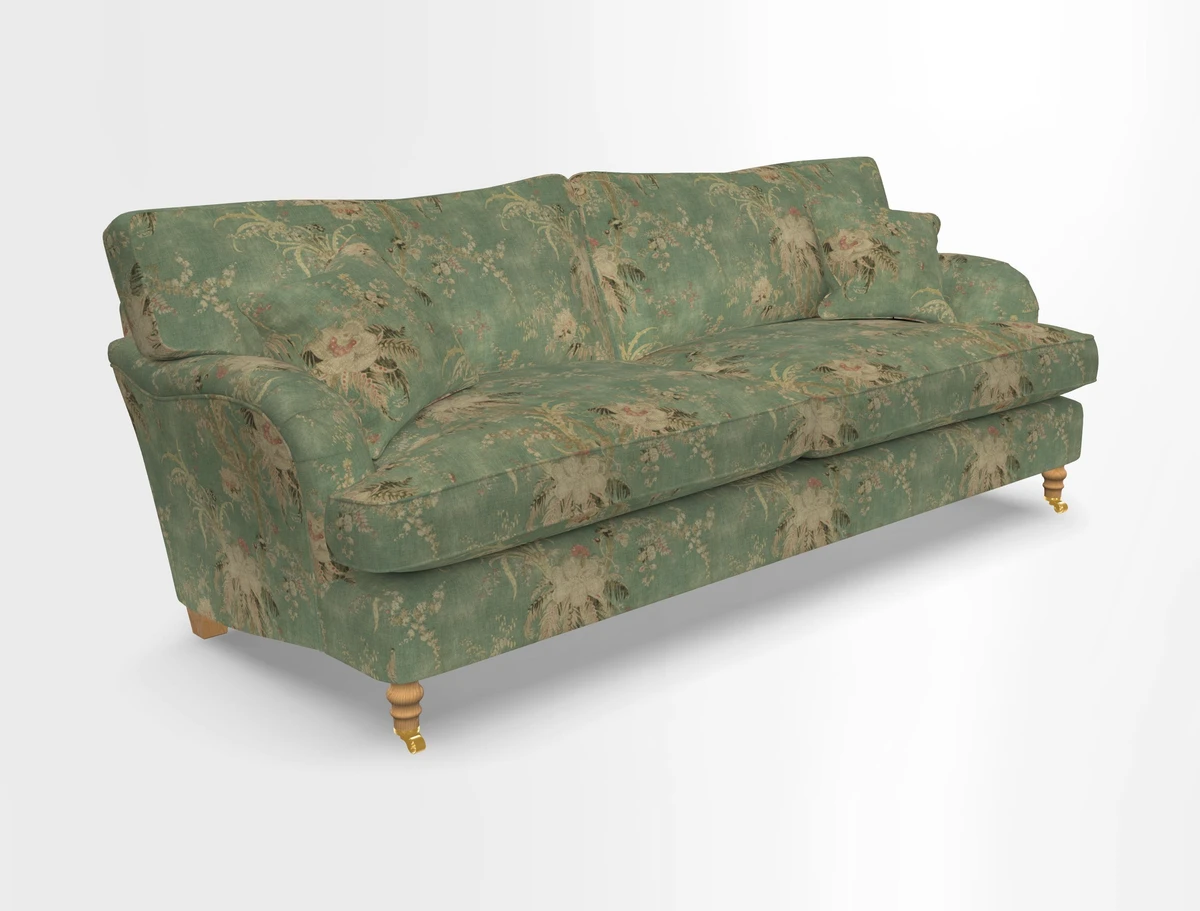 Alwinton 3 seater sofa in Ettas Stripe Moss with bolster cushion in Almost Plain Velvet Harvest