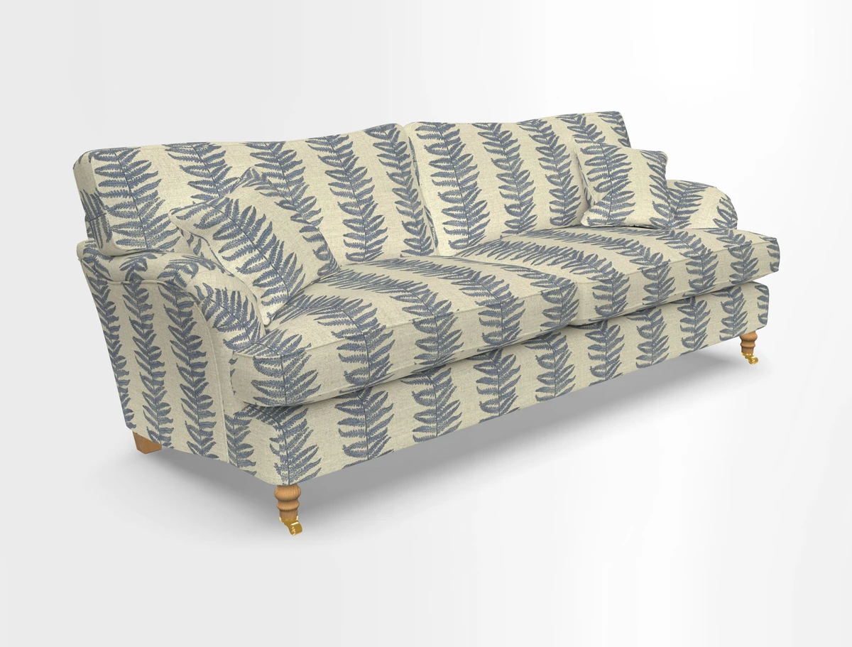 Alwinton 3 seater sofa in Ettas Stripe Moss with bolster cushion in Almost Plain Velvet Harvest