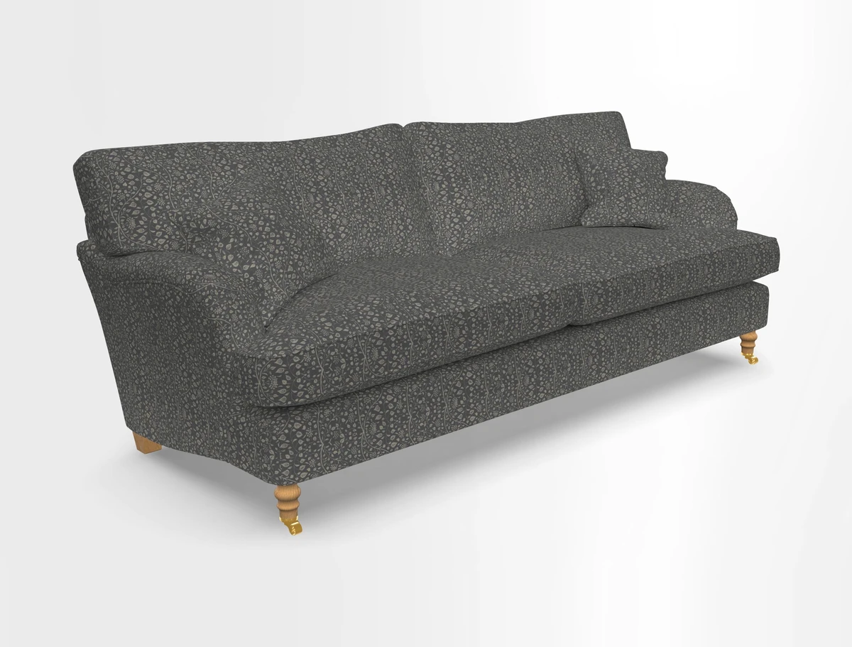 Alwinton 3 seater sofa in Ettas Stripe Moss with bolster cushion in Almost Plain Velvet Harvest