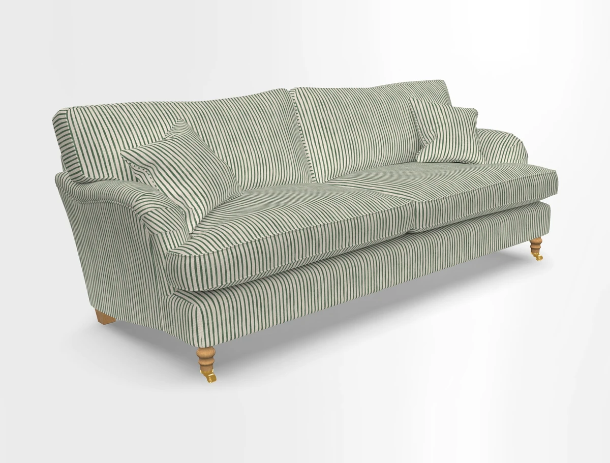 Alwinton 3 seater sofa in Ettas Stripe Moss with bolster cushion in Almost Plain Velvet Harvest