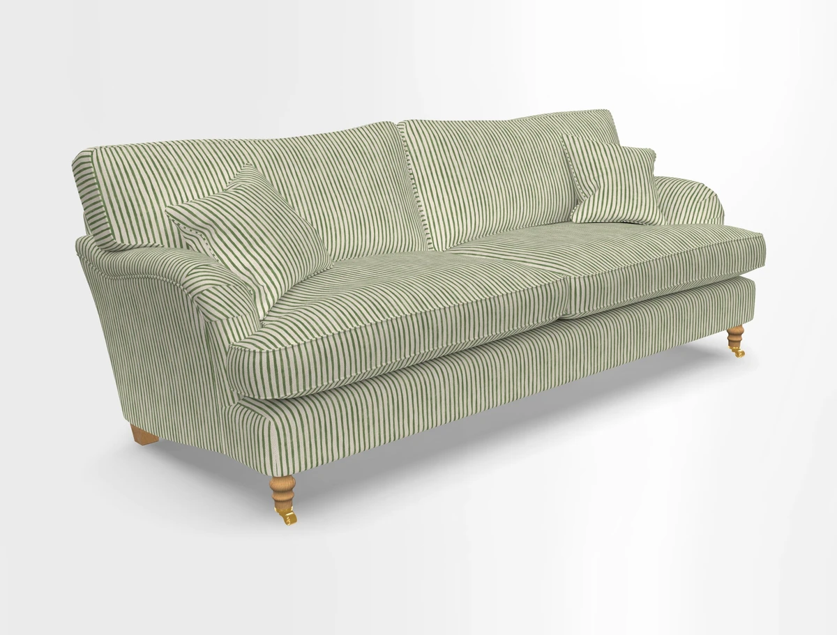 Alwinton 3 seater sofa in Ettas Stripe Moss with bolster cushion in Almost Plain Velvet Harvest