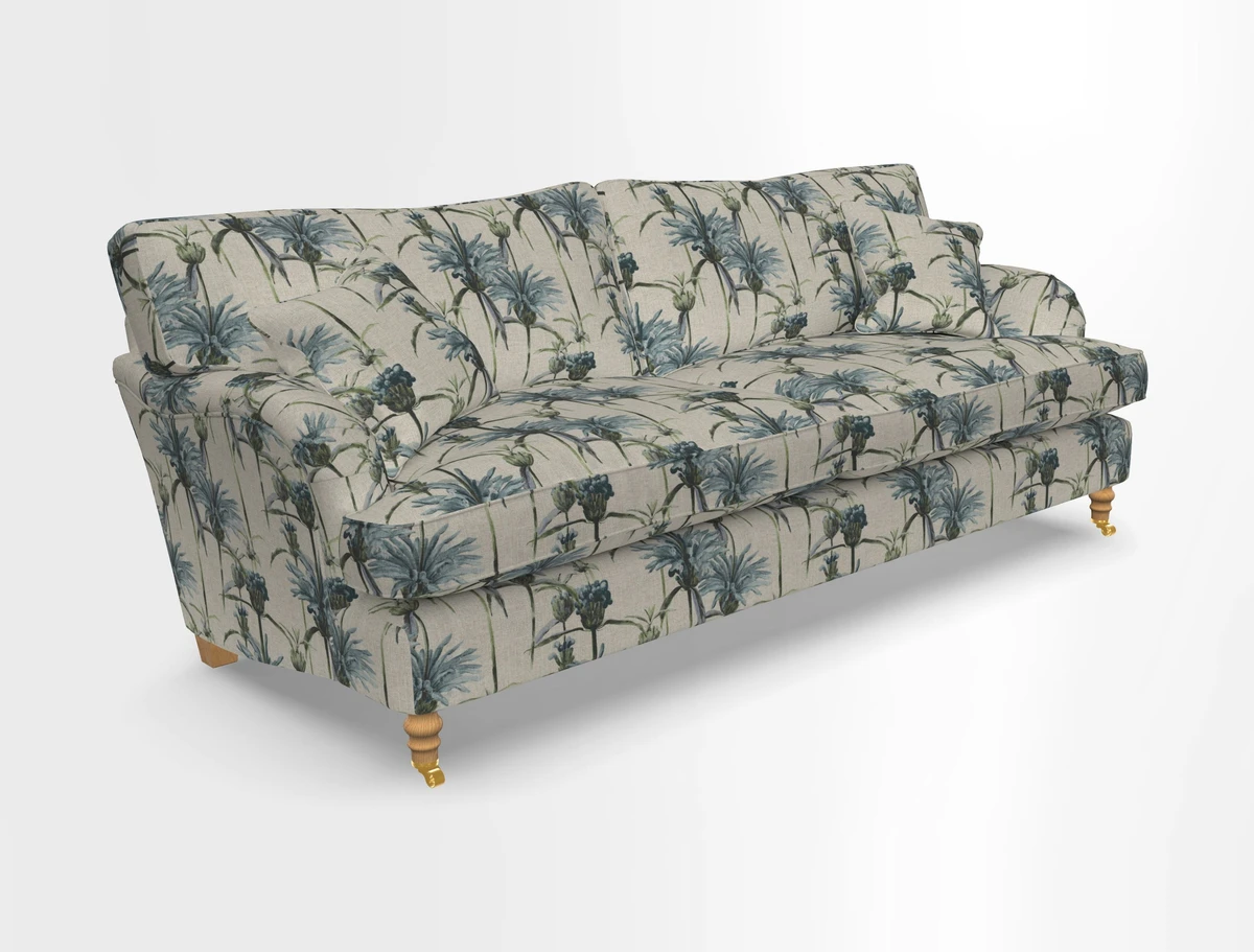 Alwinton 3 seater sofa in Ettas Stripe Moss with bolster cushion in Almost Plain Velvet Harvest