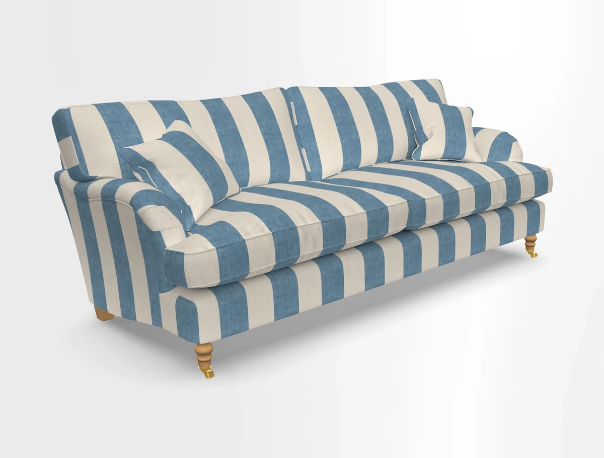 Alwinton 3 seater sofa in Ettas Stripe Moss with bolster cushion in Almost Plain Velvet Harvest
