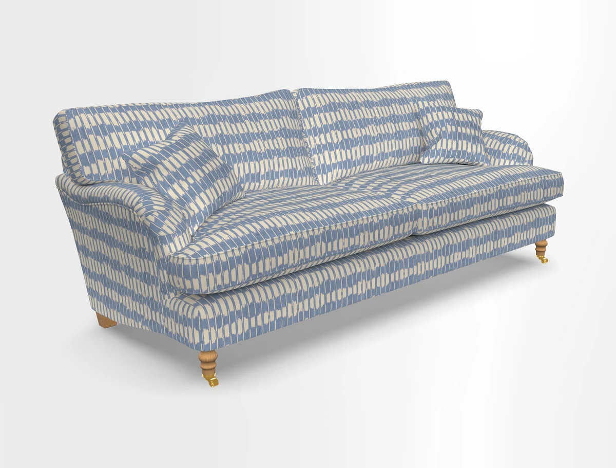 Alwinton 3 seater sofa in Ettas Stripe Moss with bolster cushion in Almost Plain Velvet Harvest