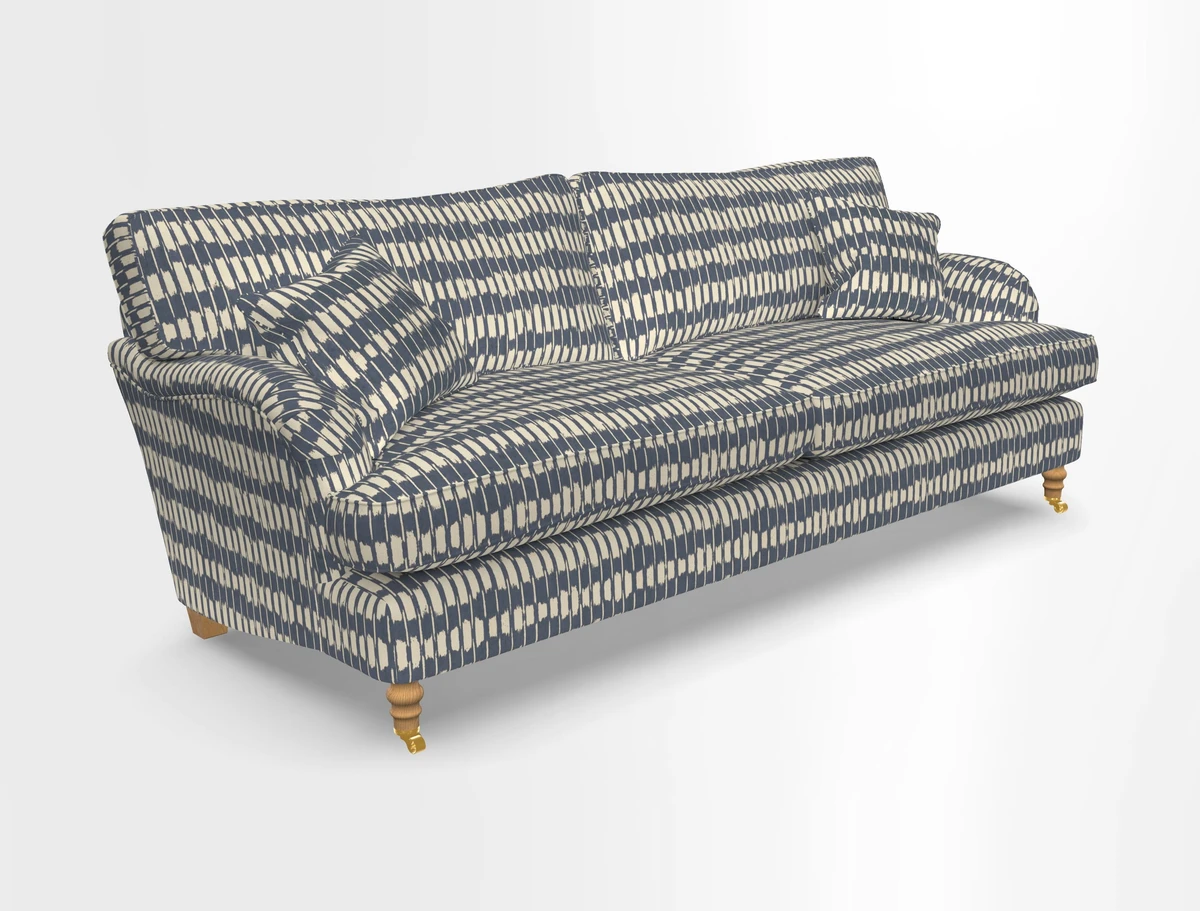 Alwinton 3 seater sofa in Ettas Stripe Moss with bolster cushion in Almost Plain Velvet Harvest