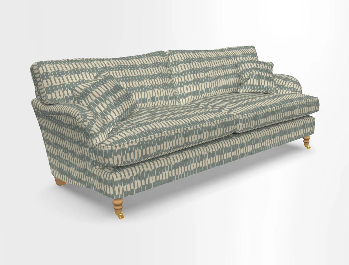 Alwinton 3 seater sofa in Ettas Stripe Moss with bolster cushion in Almost Plain Velvet Harvest