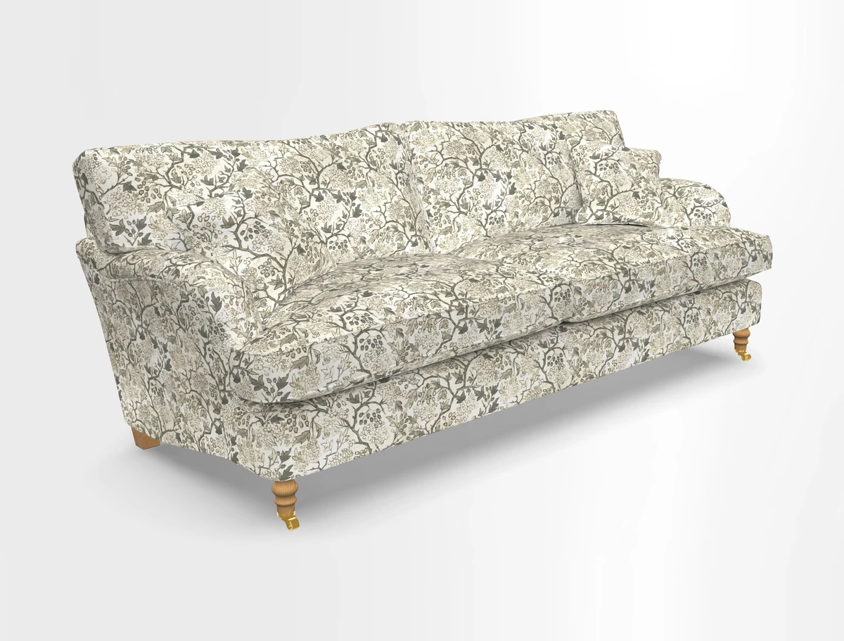 Alwinton 3 seater sofa in Ettas Stripe Moss with bolster cushion in Almost Plain Velvet Harvest