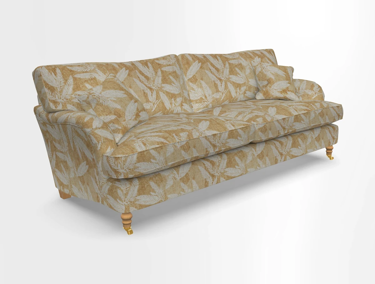 Alwinton 3 seater sofa in Ettas Stripe Moss with bolster cushion in Almost Plain Velvet Harvest