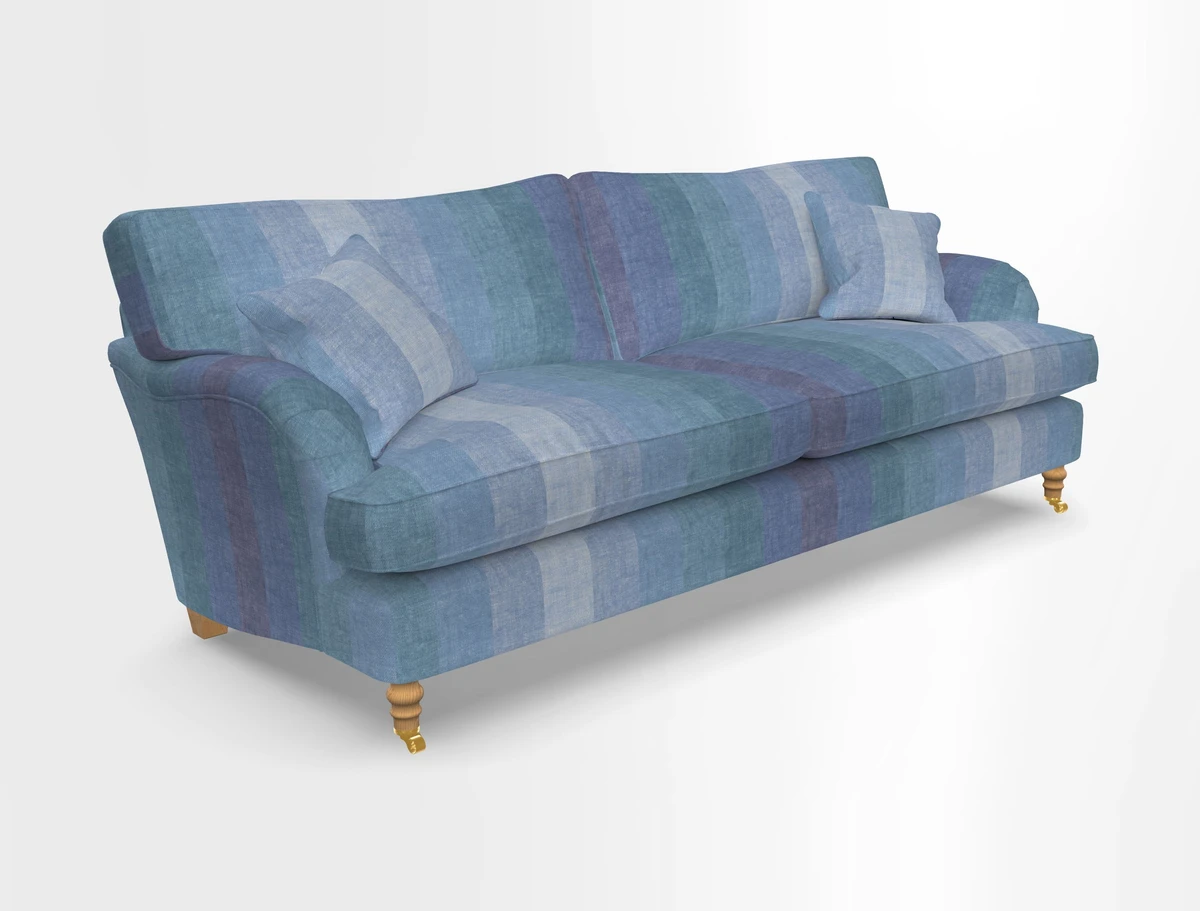 Alwinton 3 seater sofa in Ettas Stripe Moss with bolster cushion in Almost Plain Velvet Harvest