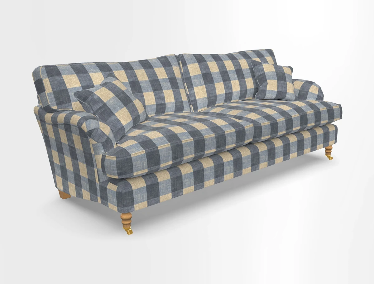 Alwinton 3 seater sofa in Ettas Stripe Moss with bolster cushion in Almost Plain Velvet Harvest