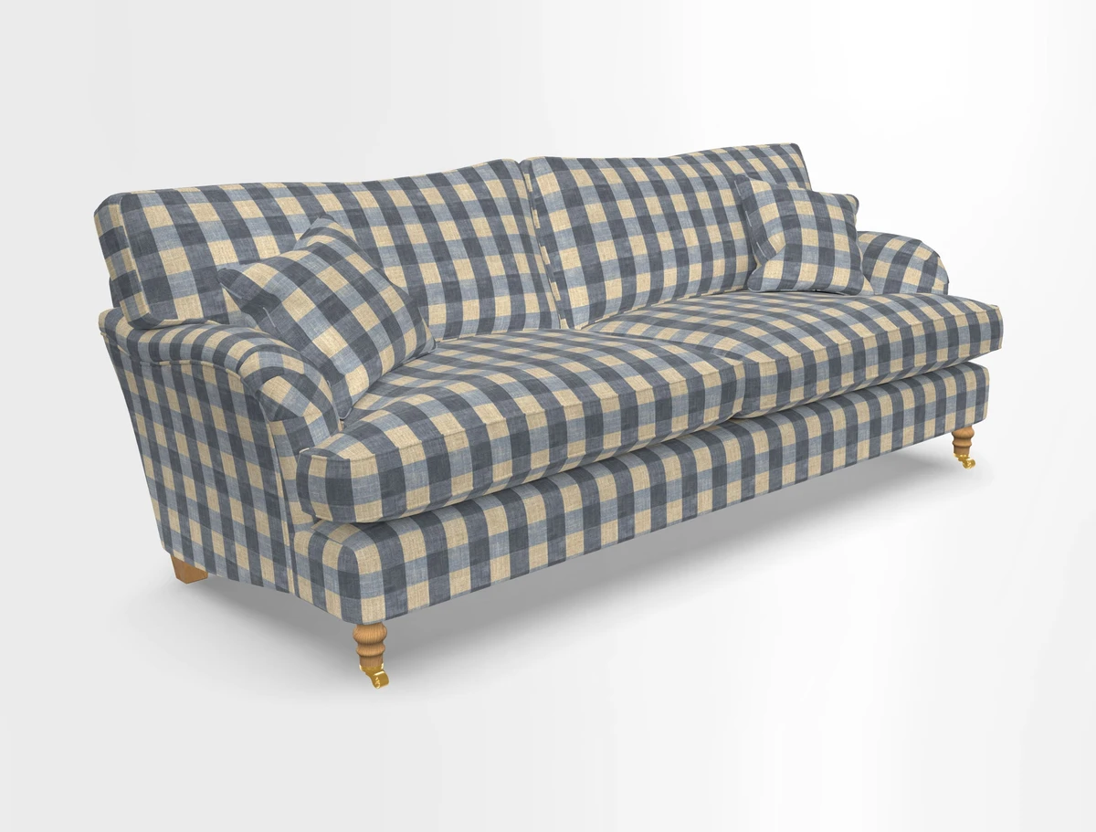 Alwinton 3 seater sofa in Ettas Stripe Moss with bolster cushion in Almost Plain Velvet Harvest