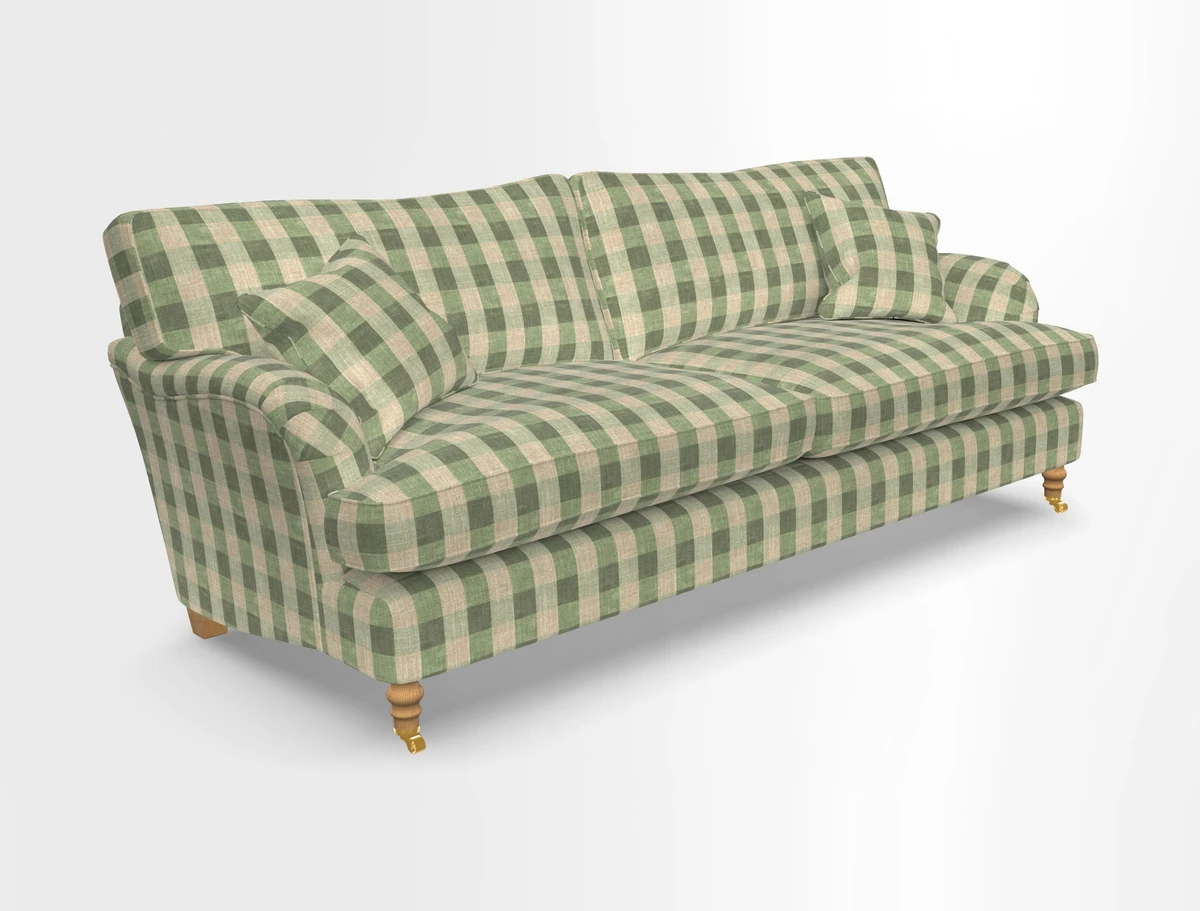 Alwinton 3 seater sofa in Ettas Stripe Moss with bolster cushion in Almost Plain Velvet Harvest