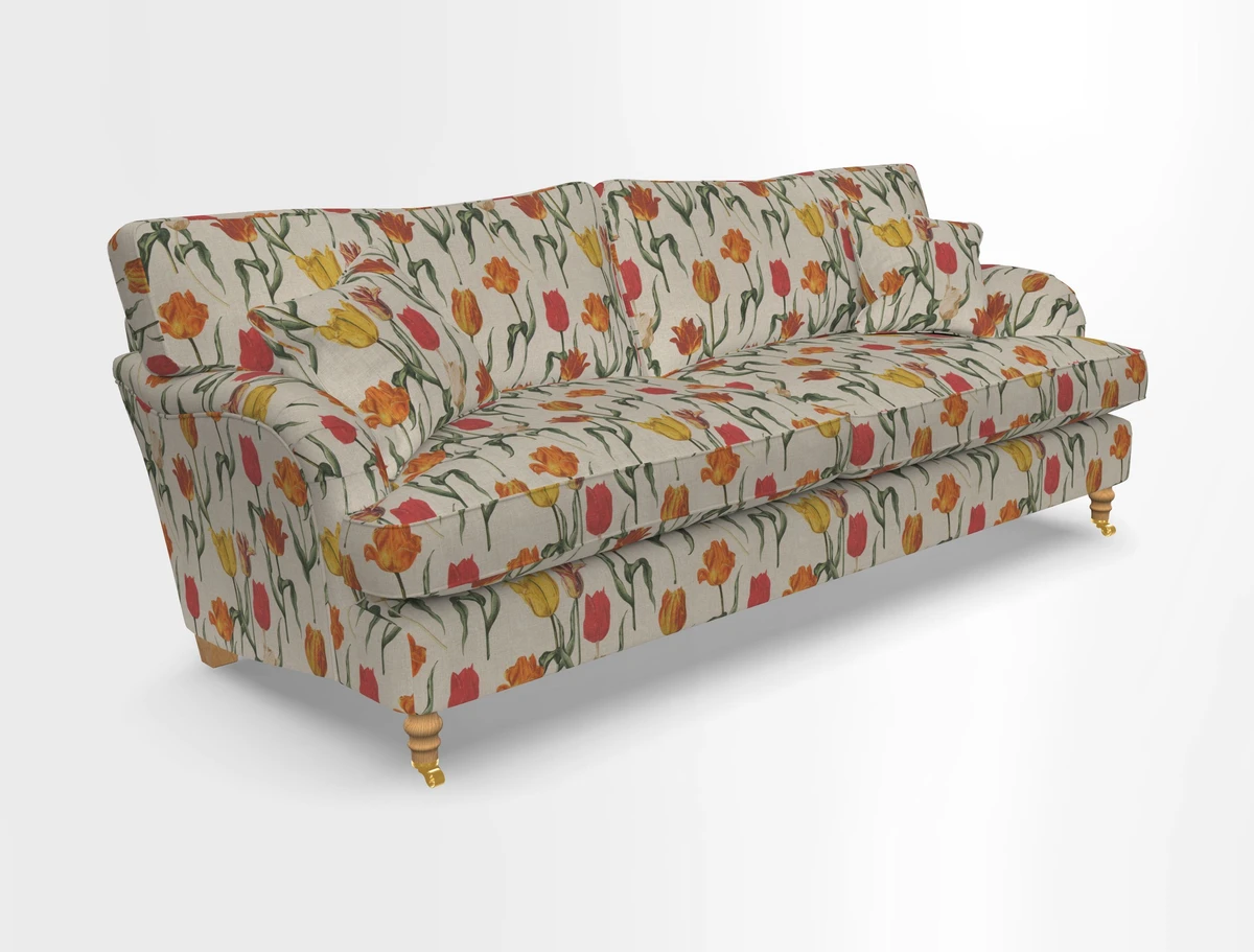 Alwinton 3 seater sofa in Ettas Stripe Moss with bolster cushion in Almost Plain Velvet Harvest