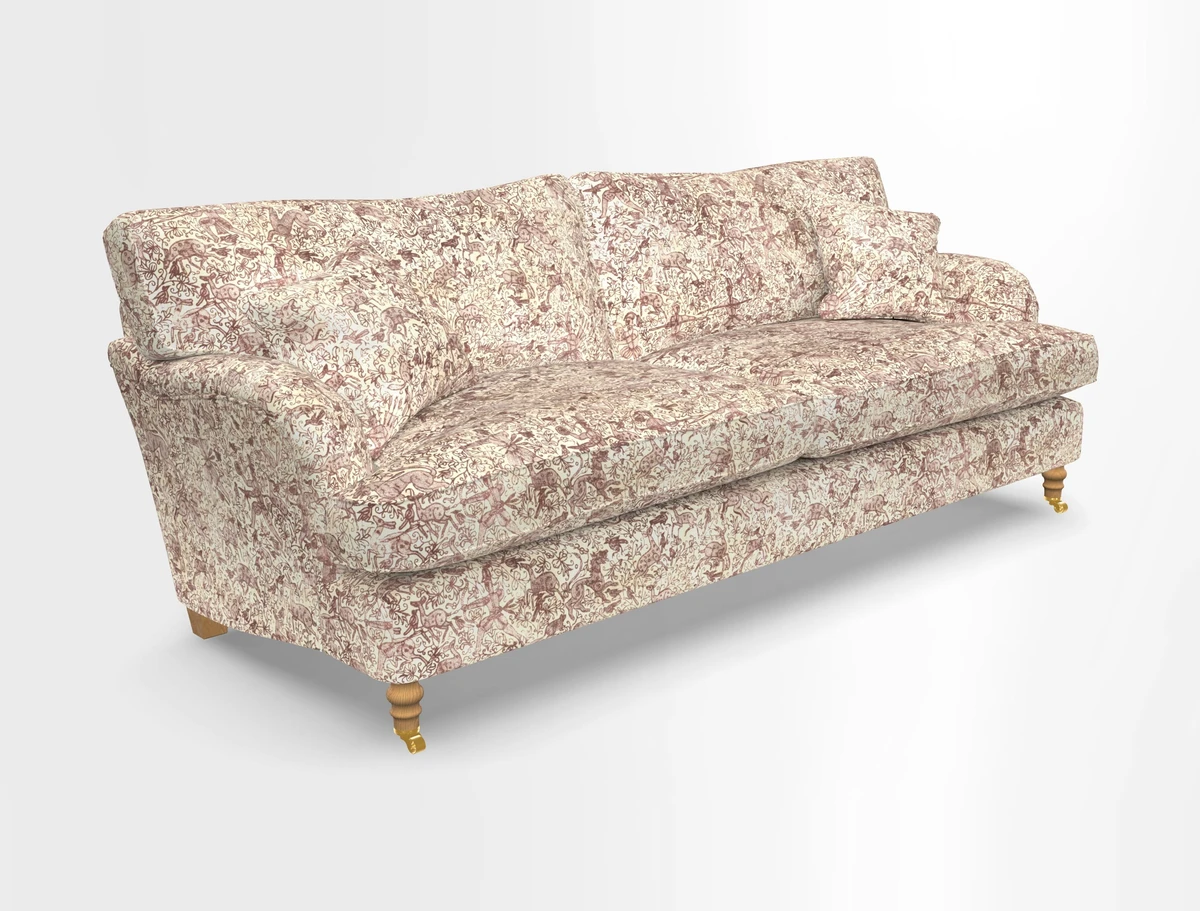 Alwinton 3 seater sofa in Ettas Stripe Moss with bolster cushion in Almost Plain Velvet Harvest