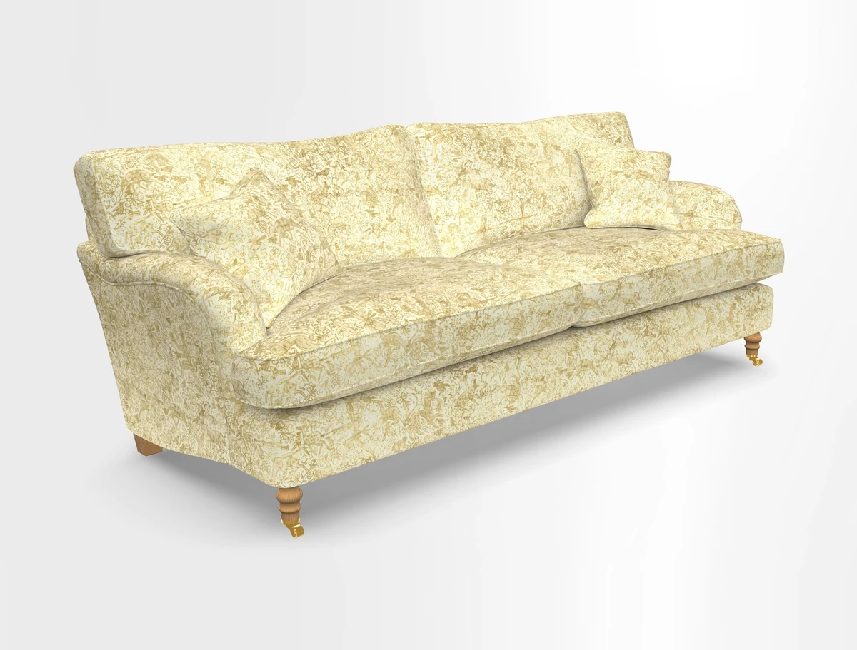 Alwinton 3 seater sofa in Ettas Stripe Moss with bolster cushion in Almost Plain Velvet Harvest