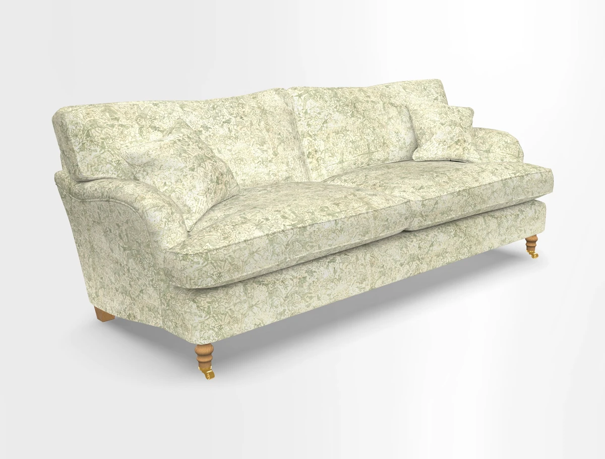 Alwinton 3 seater sofa in Ettas Stripe Moss with bolster cushion in Almost Plain Velvet Harvest