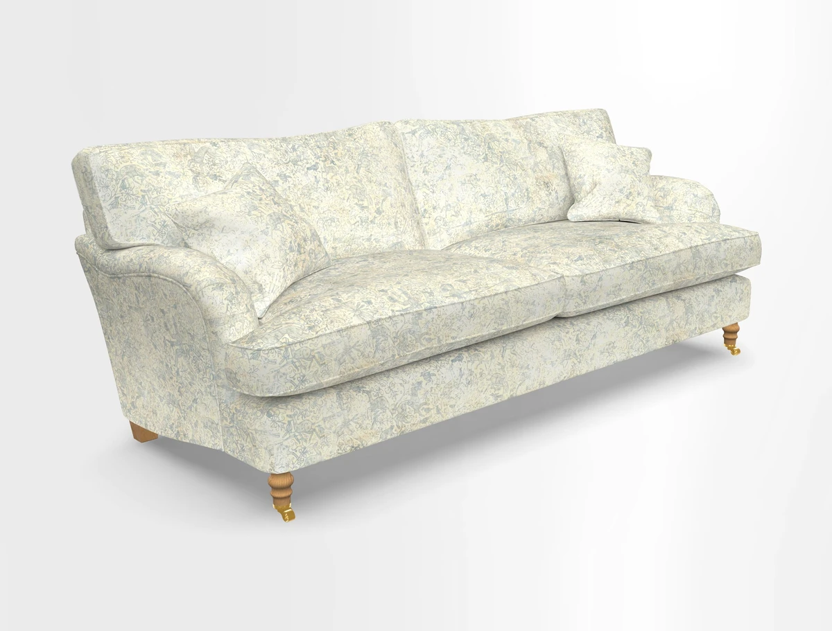 Alwinton 3 seater sofa in Ettas Stripe Moss with bolster cushion in Almost Plain Velvet Harvest
