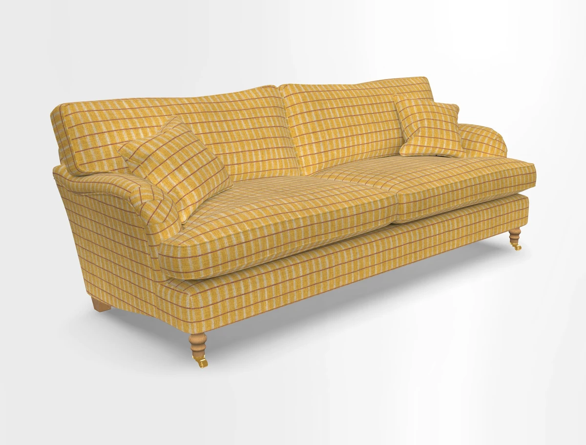 Alwinton 3 seater sofa in Ettas Stripe Moss with bolster cushion in Almost Plain Velvet Harvest