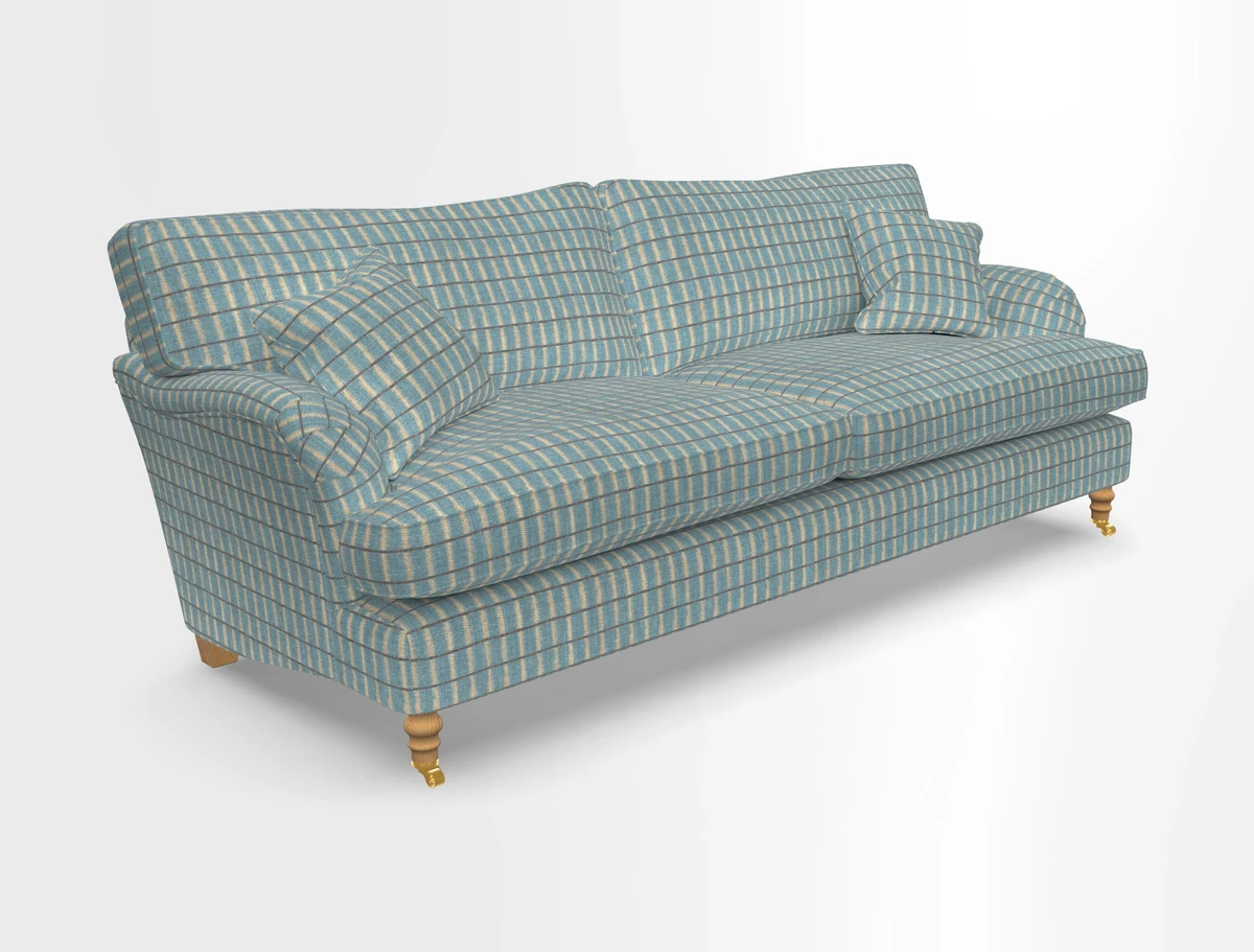 Alwinton 3 seater sofa in Ettas Stripe Moss with bolster cushion in Almost Plain Velvet Harvest