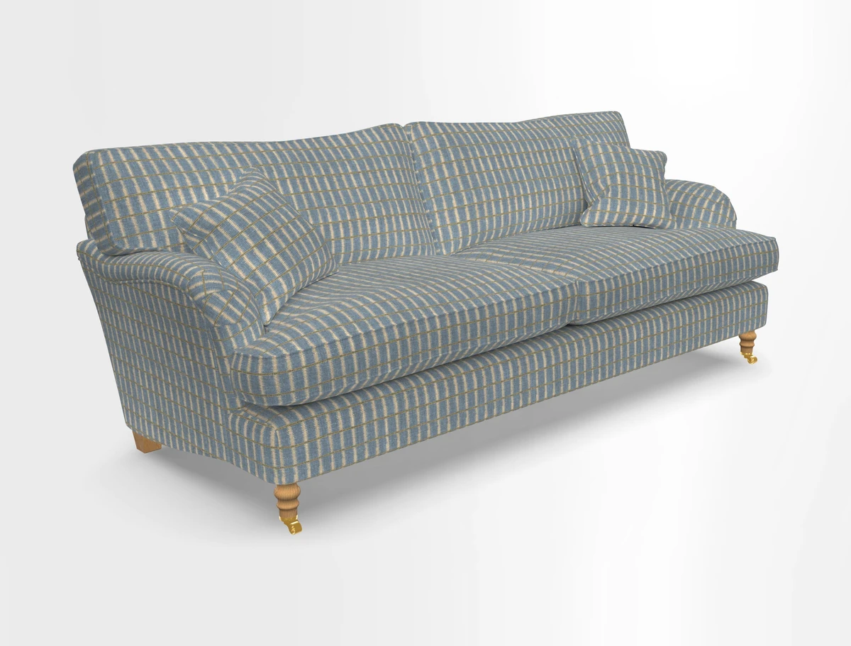 Alwinton 3 seater sofa in Ettas Stripe Moss with bolster cushion in Almost Plain Velvet Harvest
