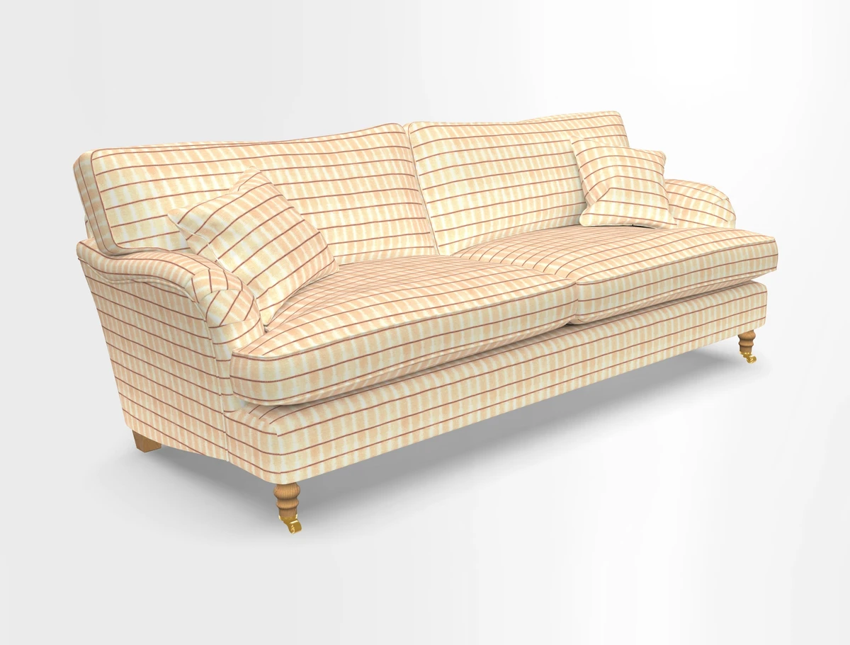 Alwinton 3 seater sofa in Ettas Stripe Moss with bolster cushion in Almost Plain Velvet Harvest