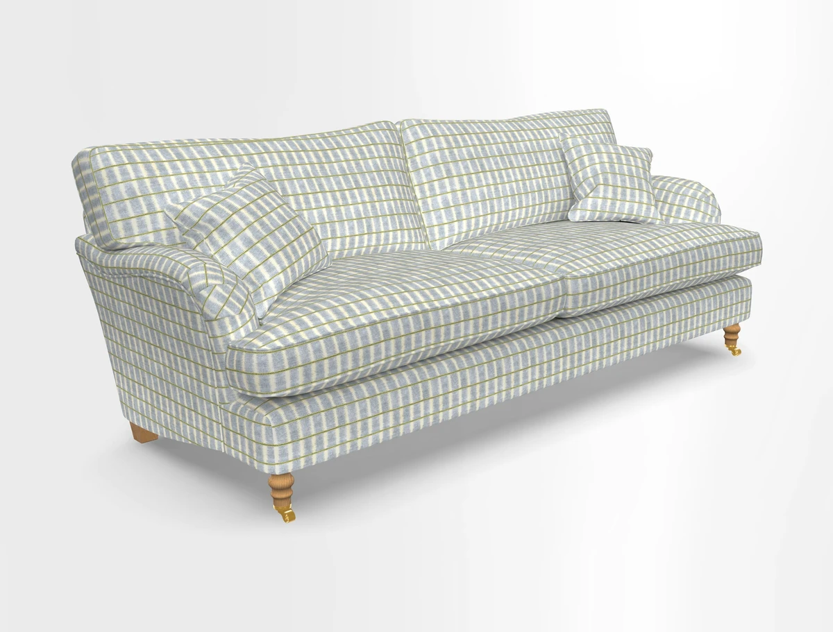 Alwinton 3 seater sofa in Ettas Stripe Moss with bolster cushion in Almost Plain Velvet Harvest