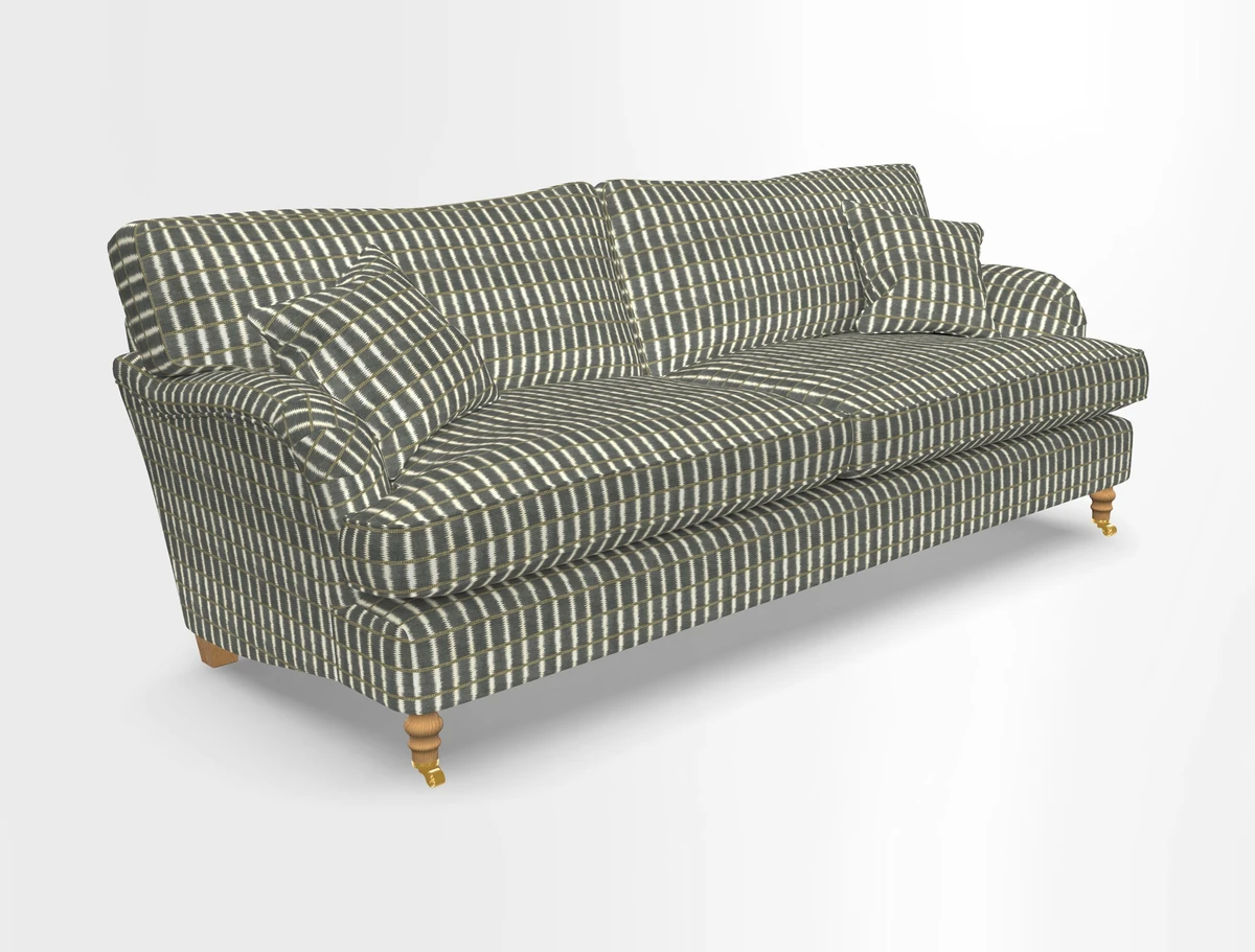Alwinton 3 seater sofa in Ettas Stripe Moss with bolster cushion in Almost Plain Velvet Harvest