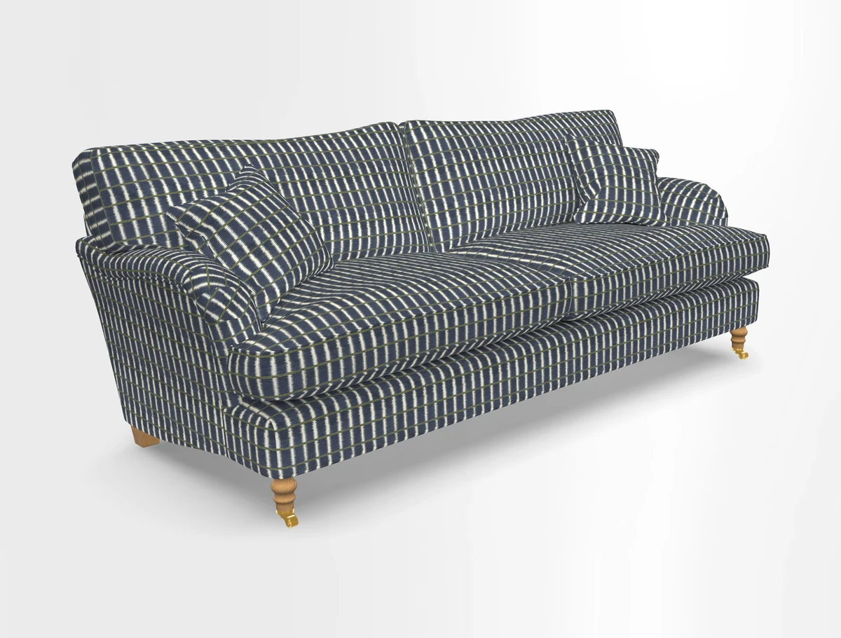 Alwinton 3 seater sofa in Ettas Stripe Moss with bolster cushion in Almost Plain Velvet Harvest