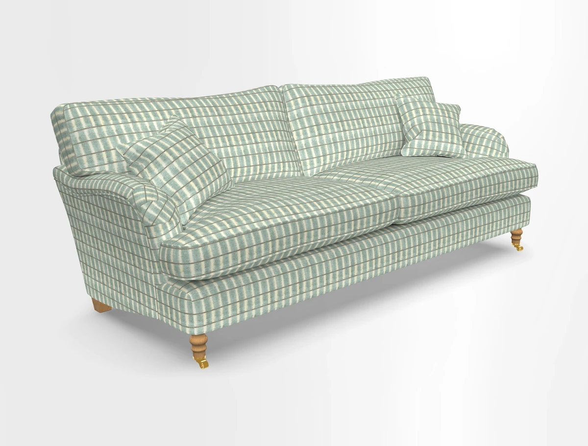 Alwinton 3 seater sofa in Ettas Stripe Moss with bolster cushion in Almost Plain Velvet Harvest