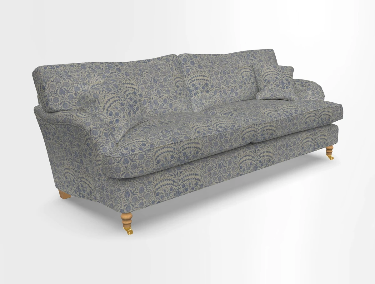 Alwinton 3 seater sofa in Ettas Stripe Moss with bolster cushion in Almost Plain Velvet Harvest