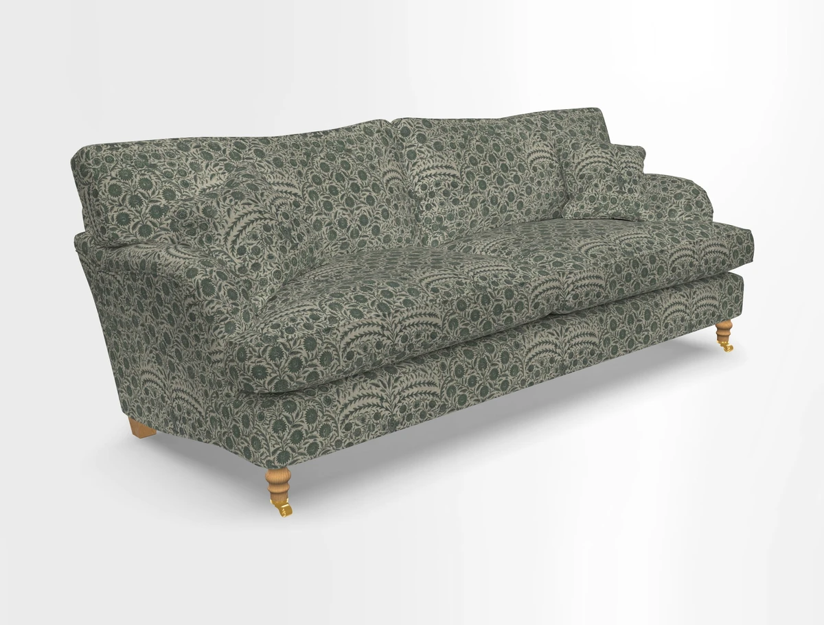 Alwinton 3 seater sofa in Ettas Stripe Moss with bolster cushion in Almost Plain Velvet Harvest