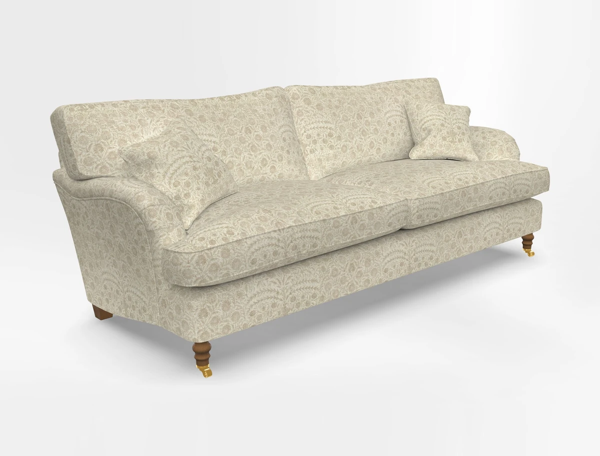 Alwinton 3 seater sofa in Ettas Stripe Moss with bolster cushion in Almost Plain Velvet Harvest