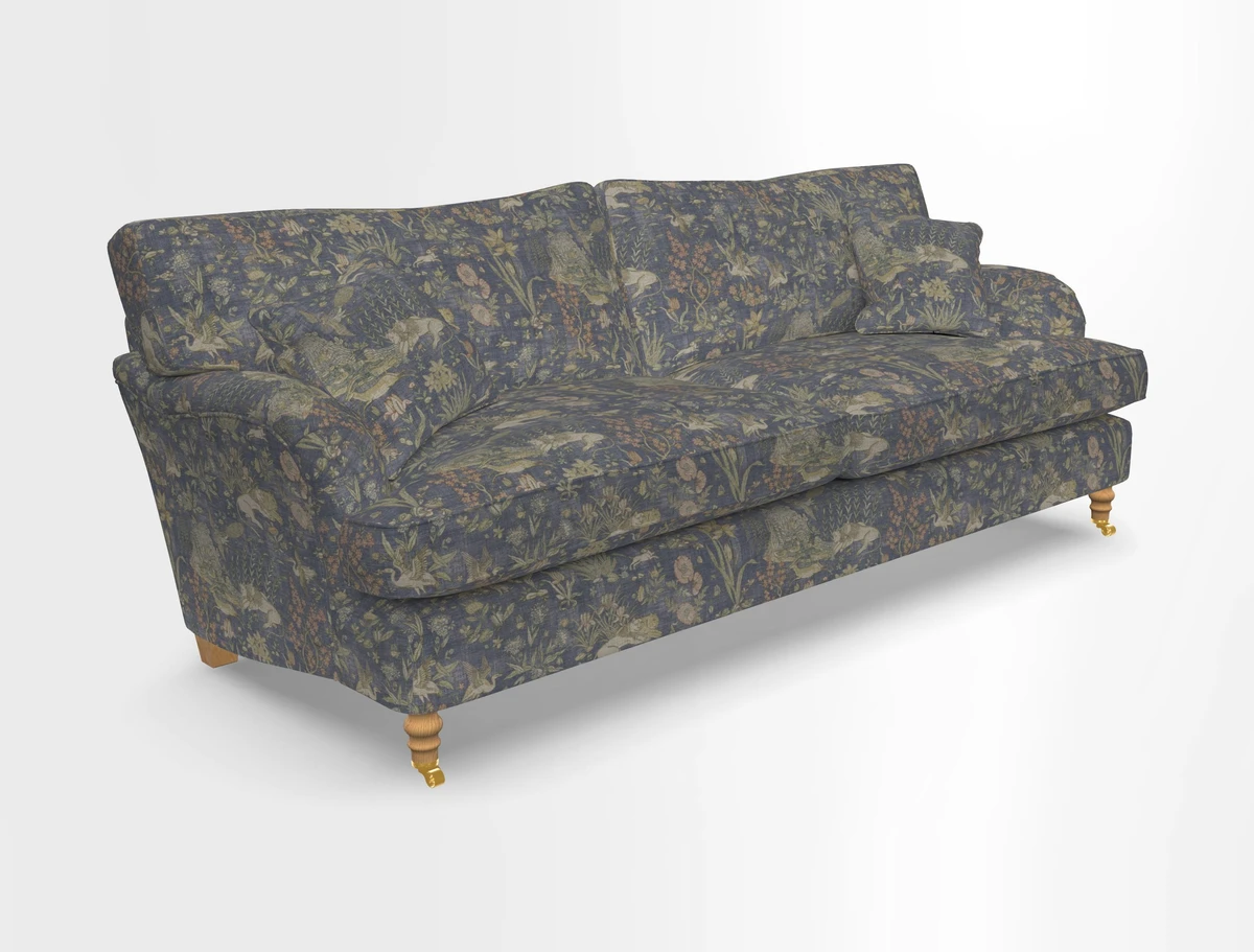 Alwinton 3 seater sofa in Ettas Stripe Moss with bolster cushion in Almost Plain Velvet Harvest
