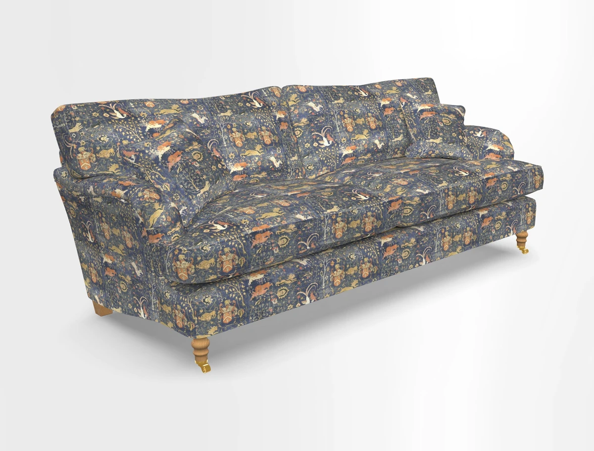 Alwinton 3 seater sofa in Ettas Stripe Moss with bolster cushion in Almost Plain Velvet Harvest