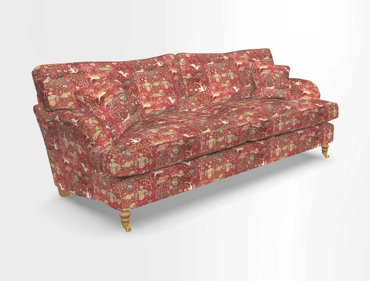 Alwinton 3 seater sofa in Ettas Stripe Moss with bolster cushion in Almost Plain Velvet Harvest