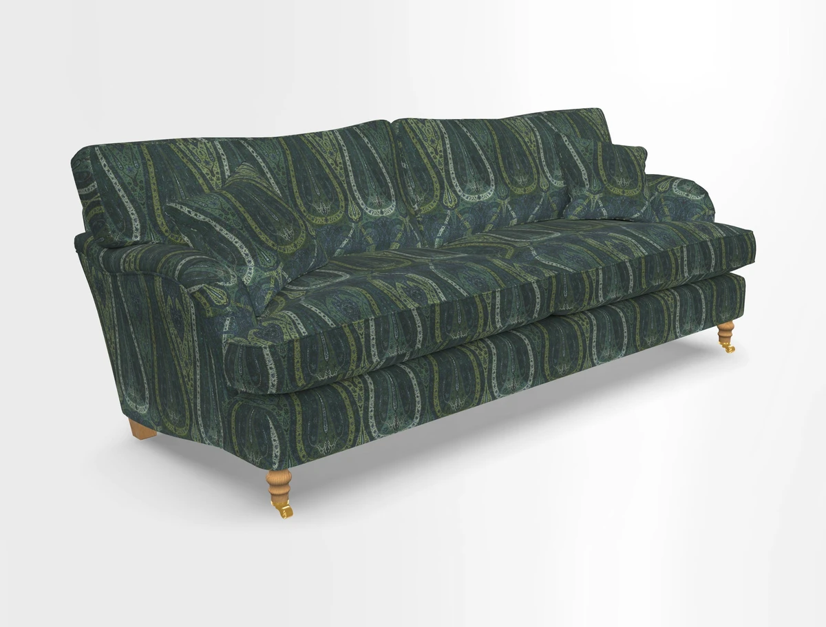 Alwinton 3 seater sofa in Ettas Stripe Moss with bolster cushion in Almost Plain Velvet Harvest