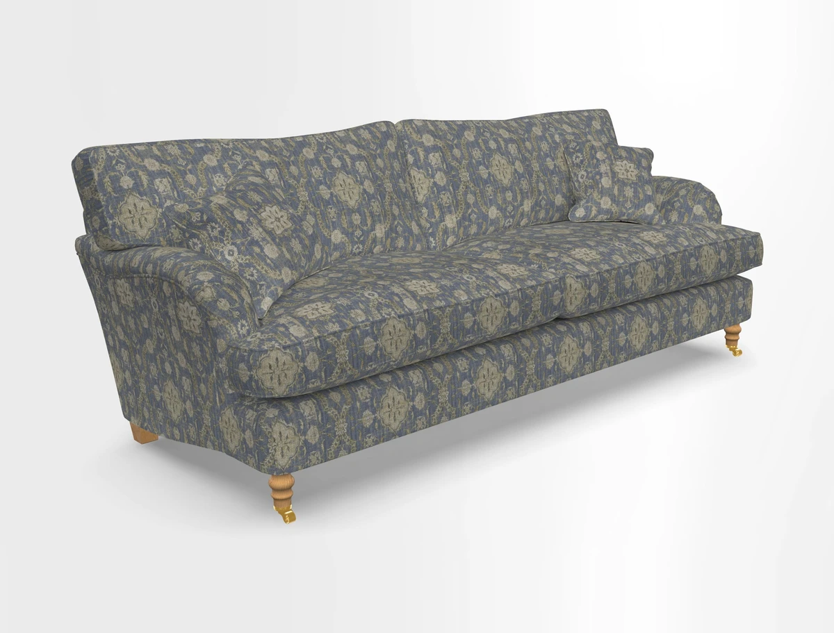 Alwinton 3 seater sofa in Ettas Stripe Moss with bolster cushion in Almost Plain Velvet Harvest