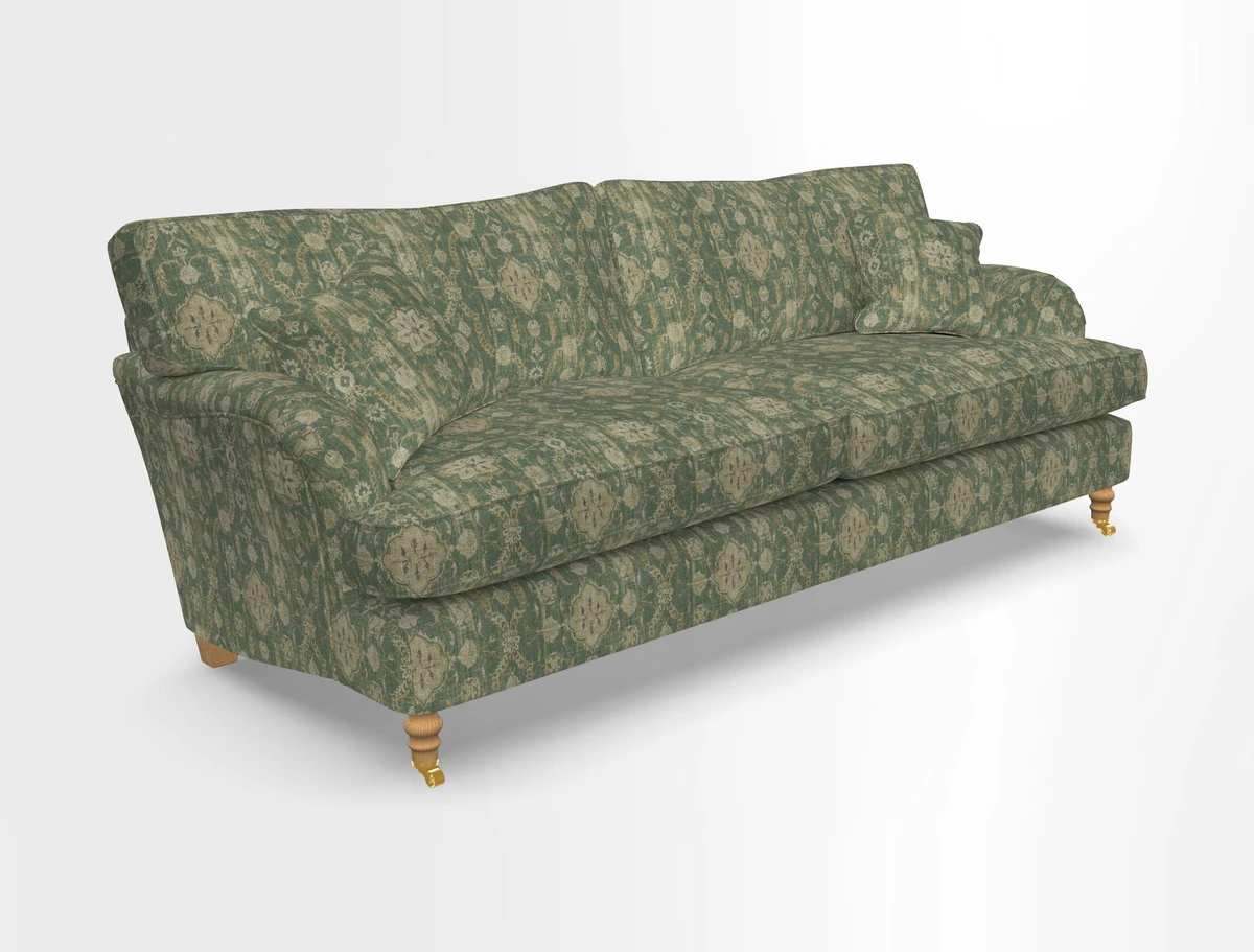 Alwinton 3 seater sofa in Ettas Stripe Moss with bolster cushion in Almost Plain Velvet Harvest