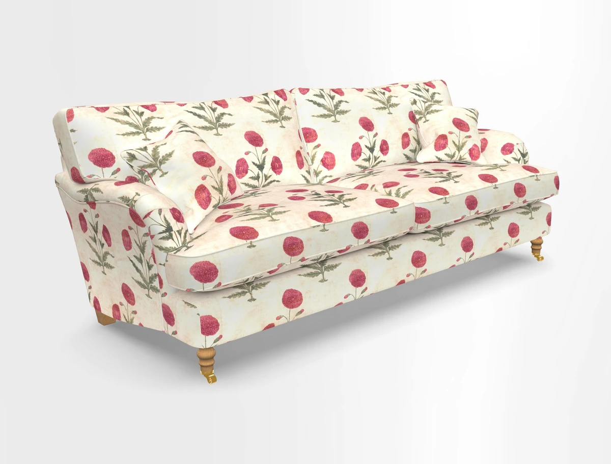 Alwinton 3 seater sofa in Ettas Stripe Moss with bolster cushion in Almost Plain Velvet Harvest