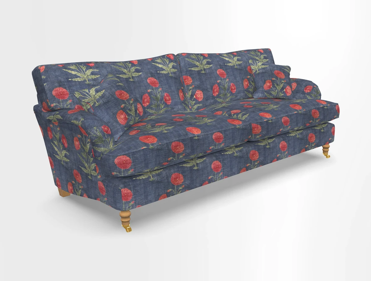 Alwinton 3 seater sofa in Ettas Stripe Moss with bolster cushion in Almost Plain Velvet Harvest