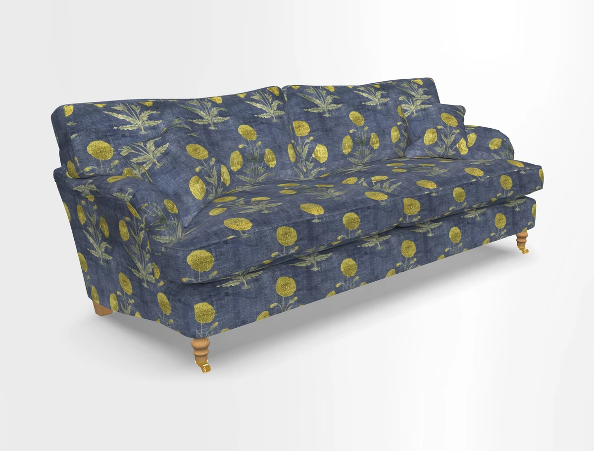 Alwinton 3 seater sofa in Ettas Stripe Moss with bolster cushion in Almost Plain Velvet Harvest