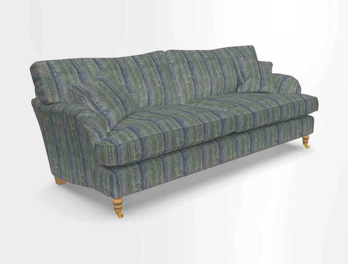 Alwinton 3 seater sofa in Ettas Stripe Moss with bolster cushion in Almost Plain Velvet Harvest