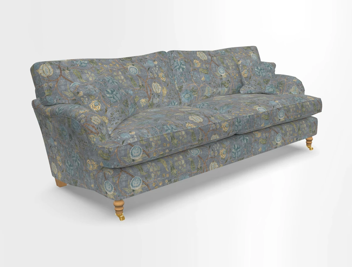 Alwinton 3 seater sofa in Ettas Stripe Moss with bolster cushion in Almost Plain Velvet Harvest