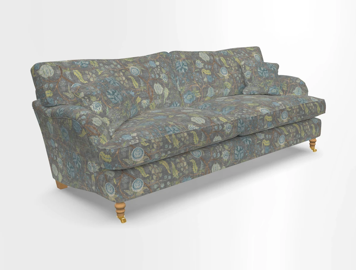 Alwinton 3 seater sofa in Ettas Stripe Moss with bolster cushion in Almost Plain Velvet Harvest