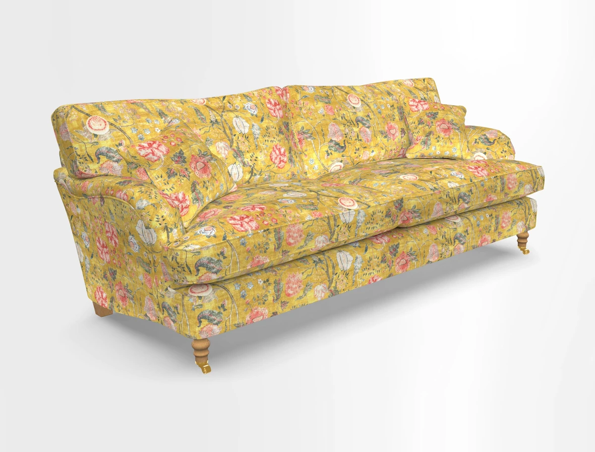 Alwinton 3 seater sofa in Ettas Stripe Moss with bolster cushion in Almost Plain Velvet Harvest