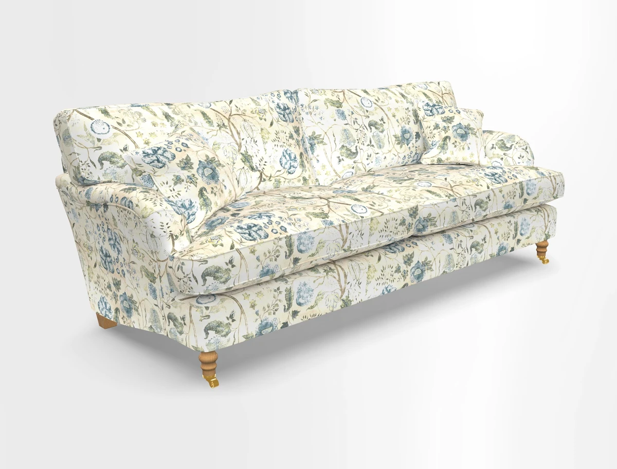 Alwinton 3 seater sofa in Ettas Stripe Moss with bolster cushion in Almost Plain Velvet Harvest