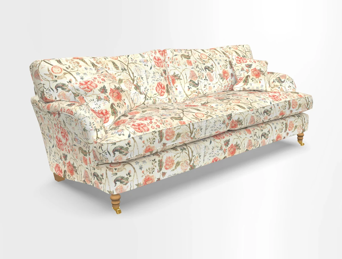 Alwinton 3 seater sofa in Ettas Stripe Moss with bolster cushion in Almost Plain Velvet Harvest